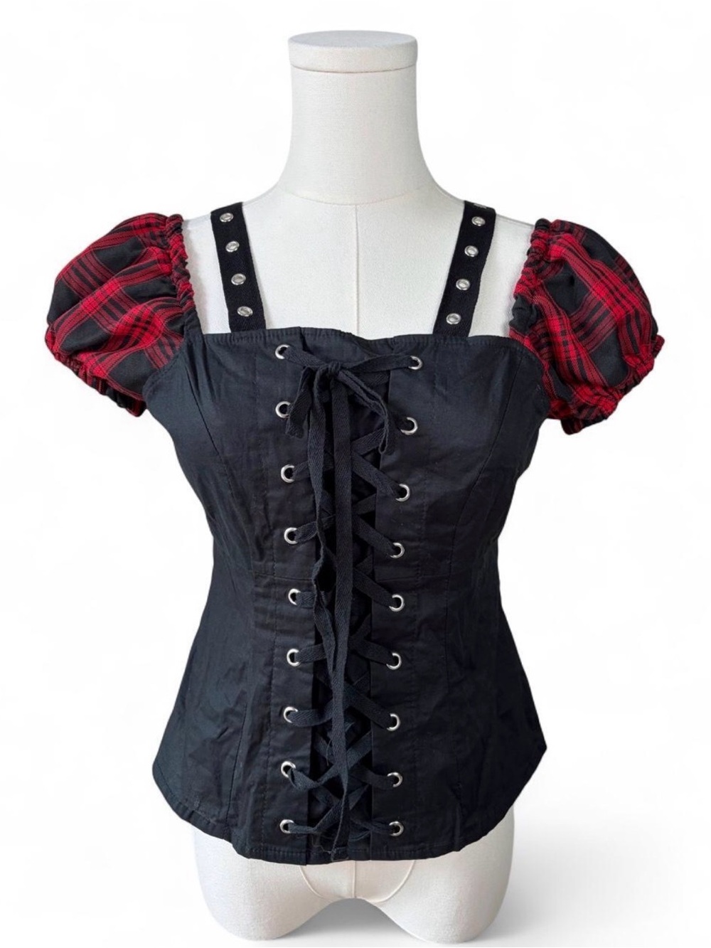 Hot Topic Black Lace Up Top with Grommet Straps and Red Plaid Puff Sleeves